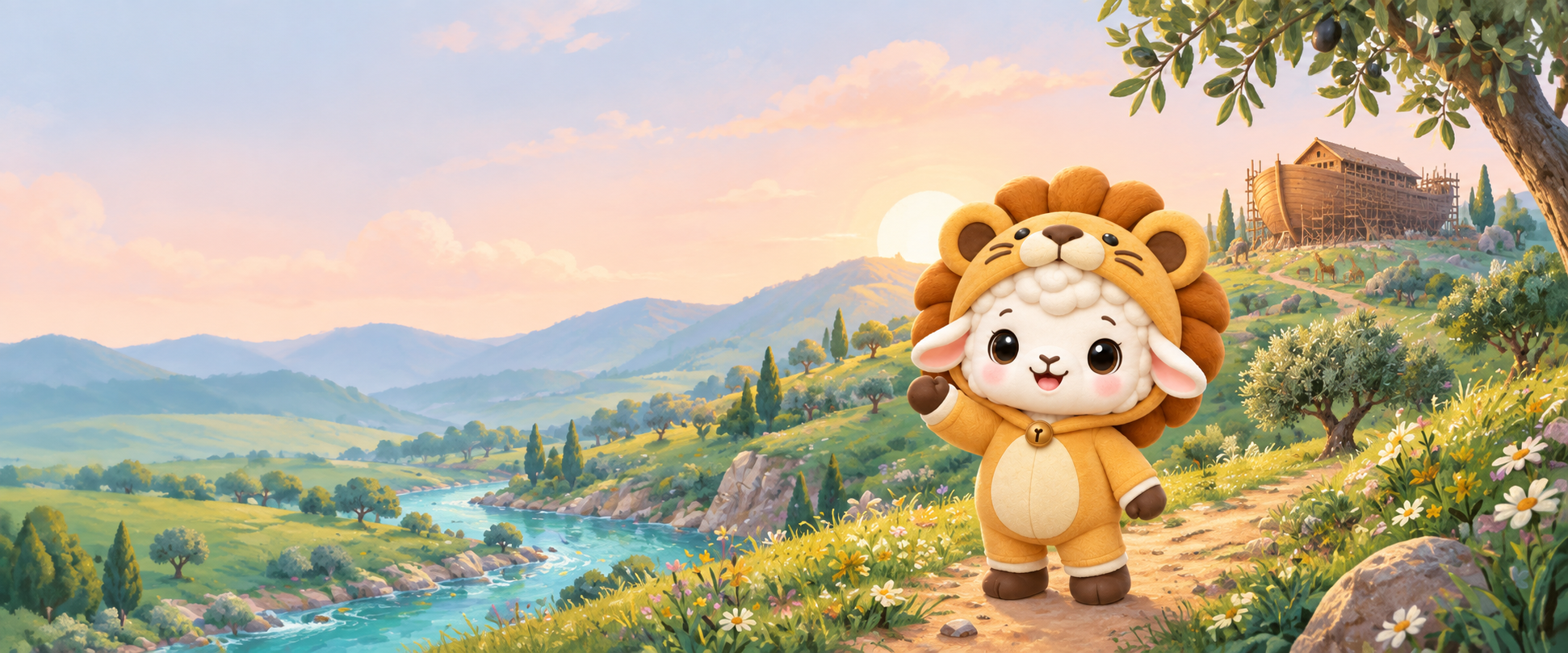 Spark, a little lamb in a lion costume, welcomes you to a green valley with Noah's ark in the distance